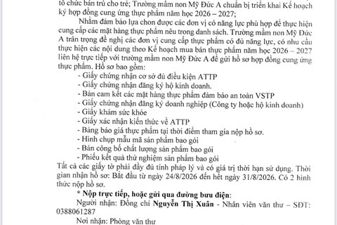Thông báo v/v mời các đơn vị tham gia cung cấp thực phẩm năm học 2026- 2027